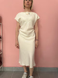 Abito midi donna effetto satin con drappeggio laterale