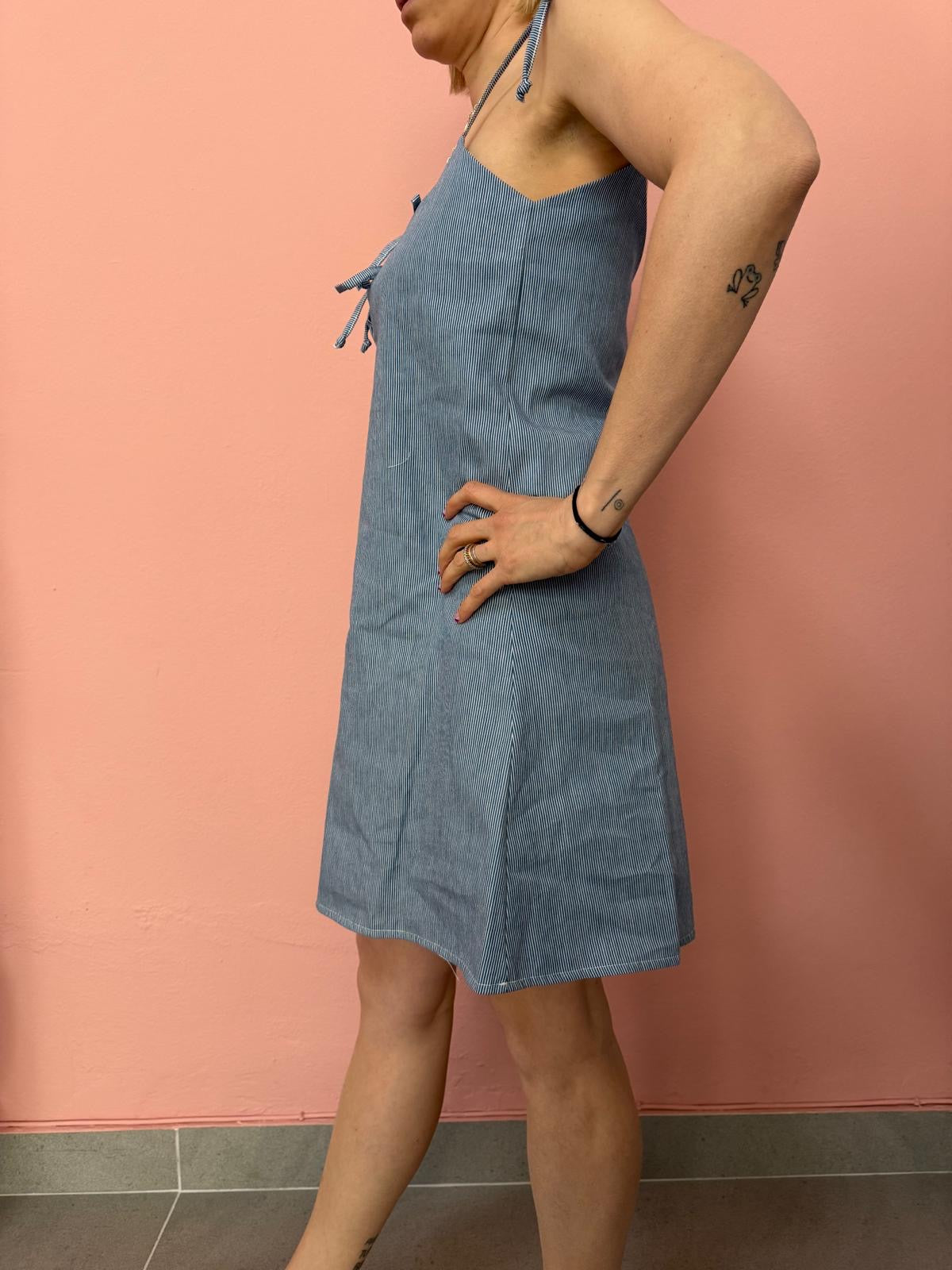 Mini abito donna chambray rigato con fiocchi
