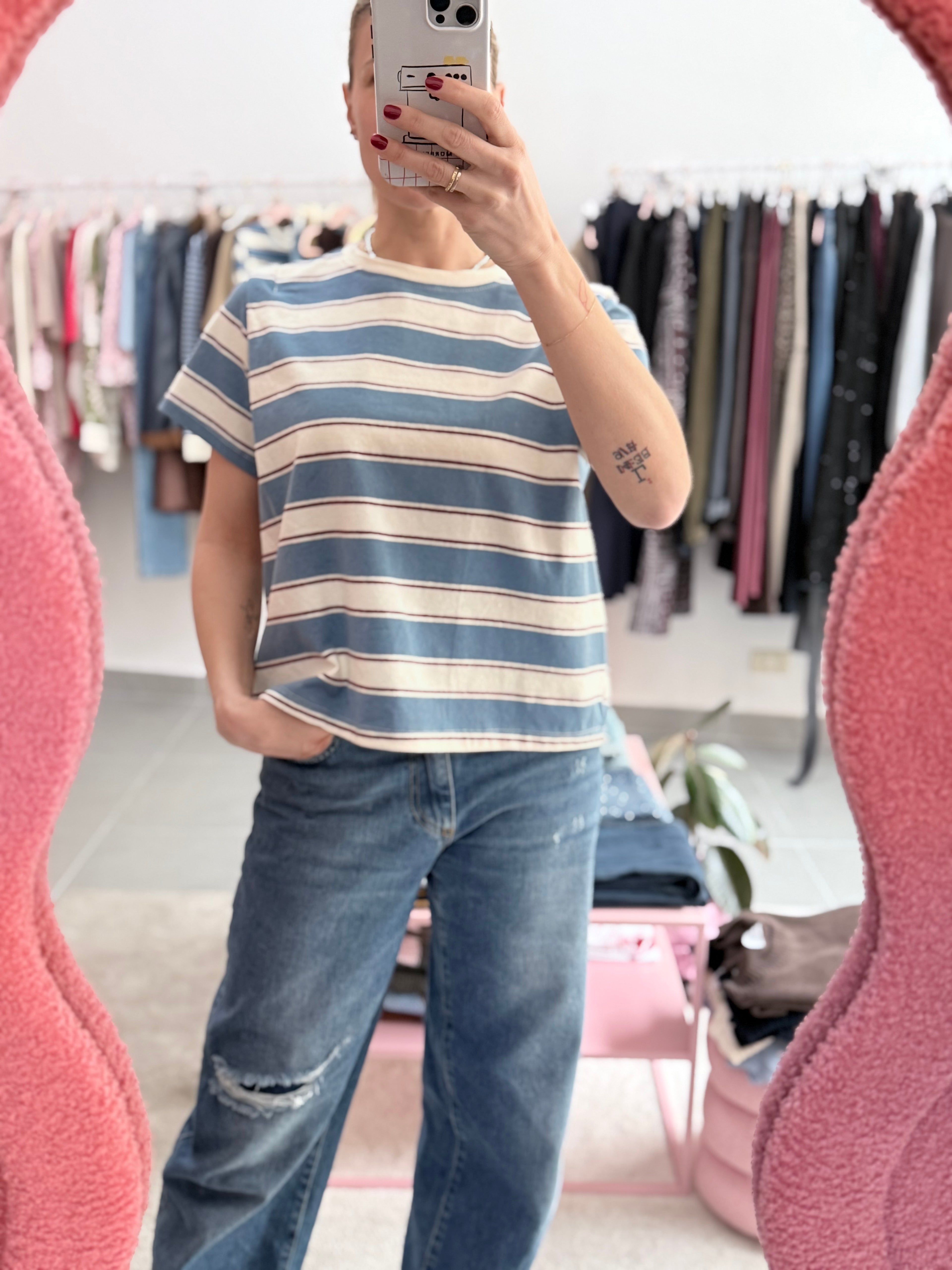 Maglia mezza manica HAVEONE – Righe Celeste Burro e Bordeaux