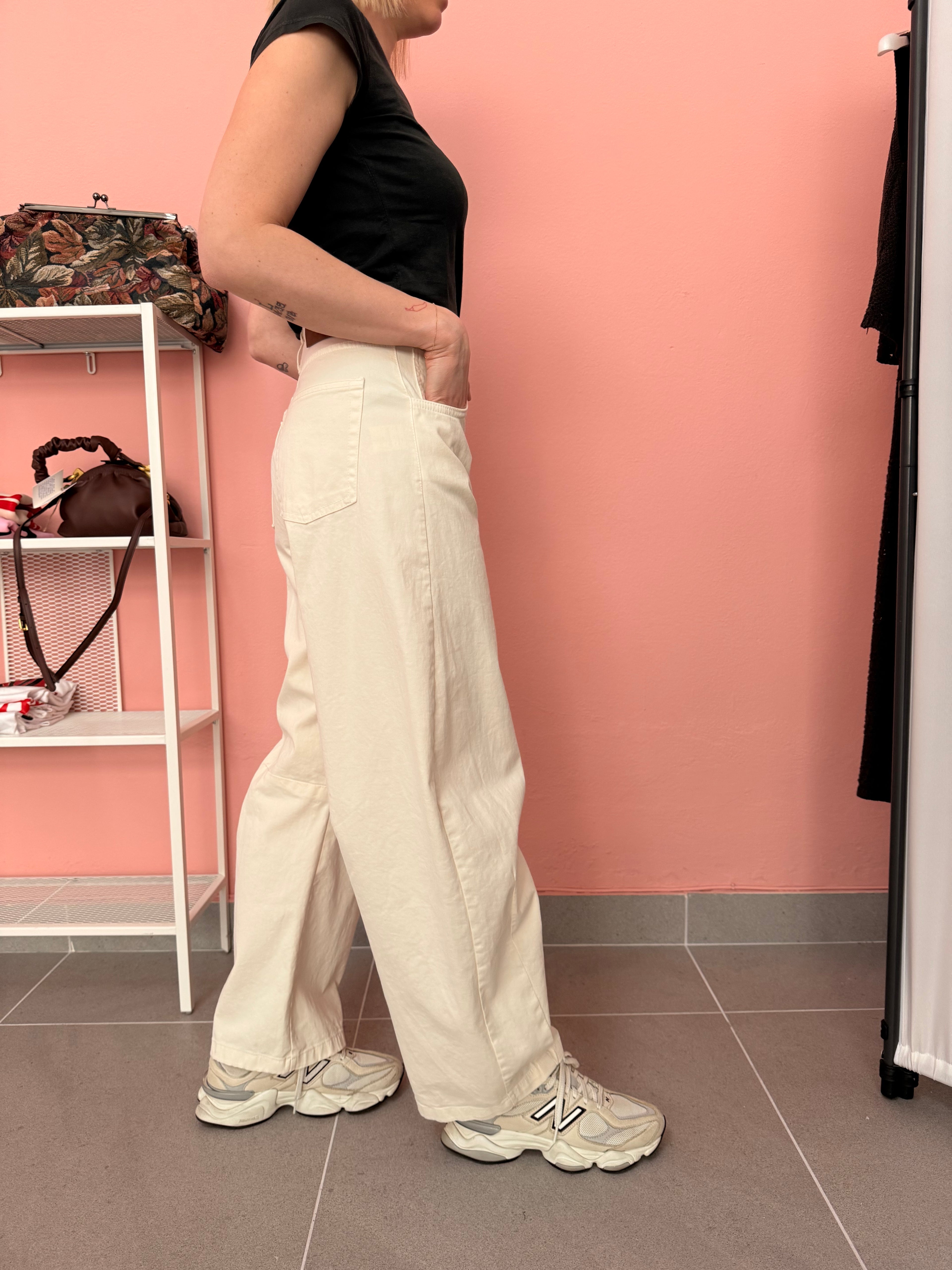 Pantalone gabardina donna avorio gamba larga Lokita