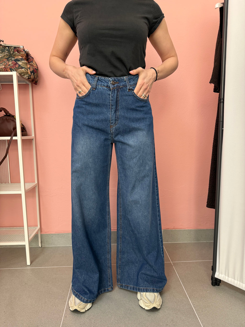 Jeans donna wide leg denim medio vita alta
