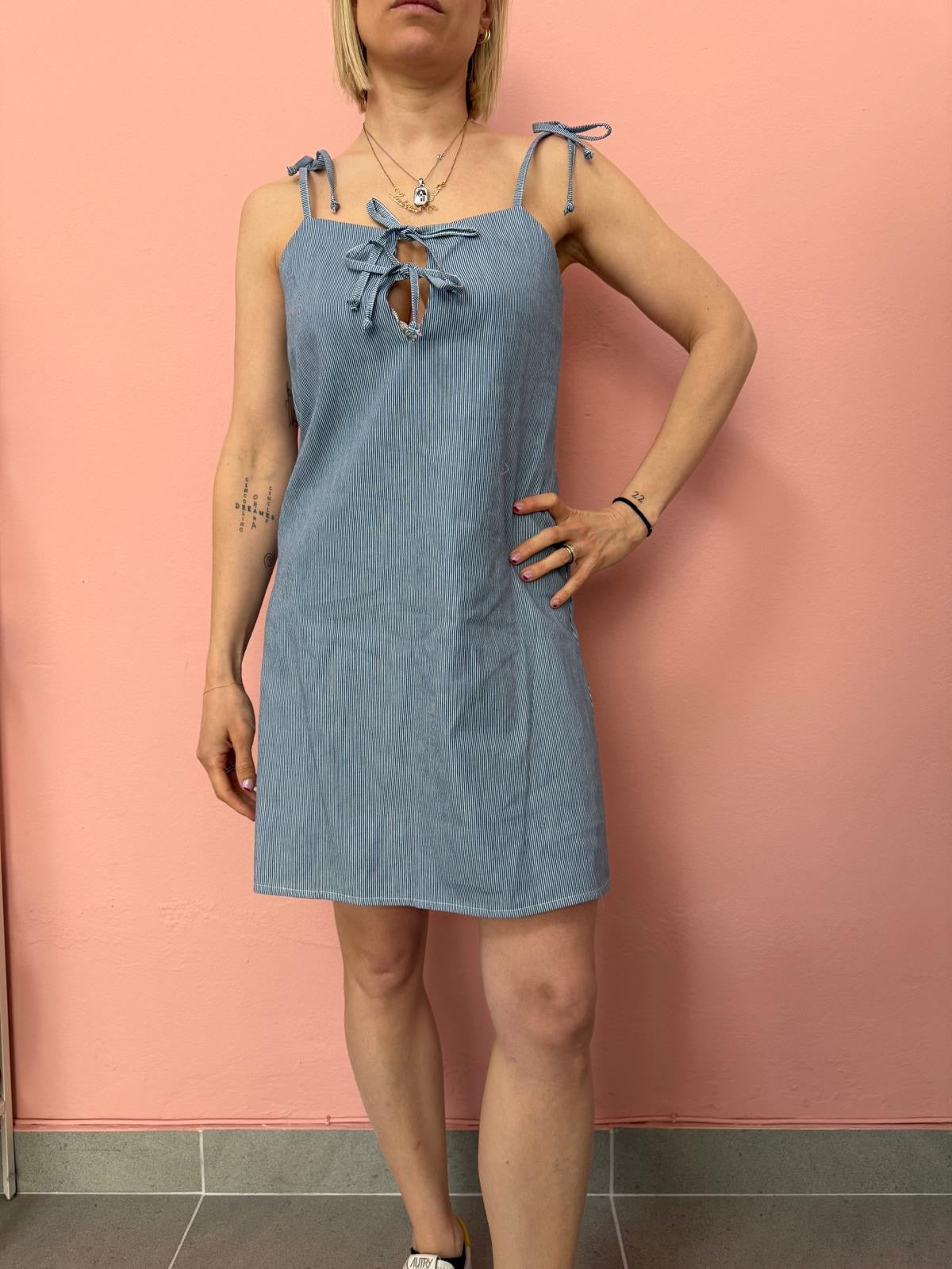 Mini abito donna chambray rigato con fiocchi