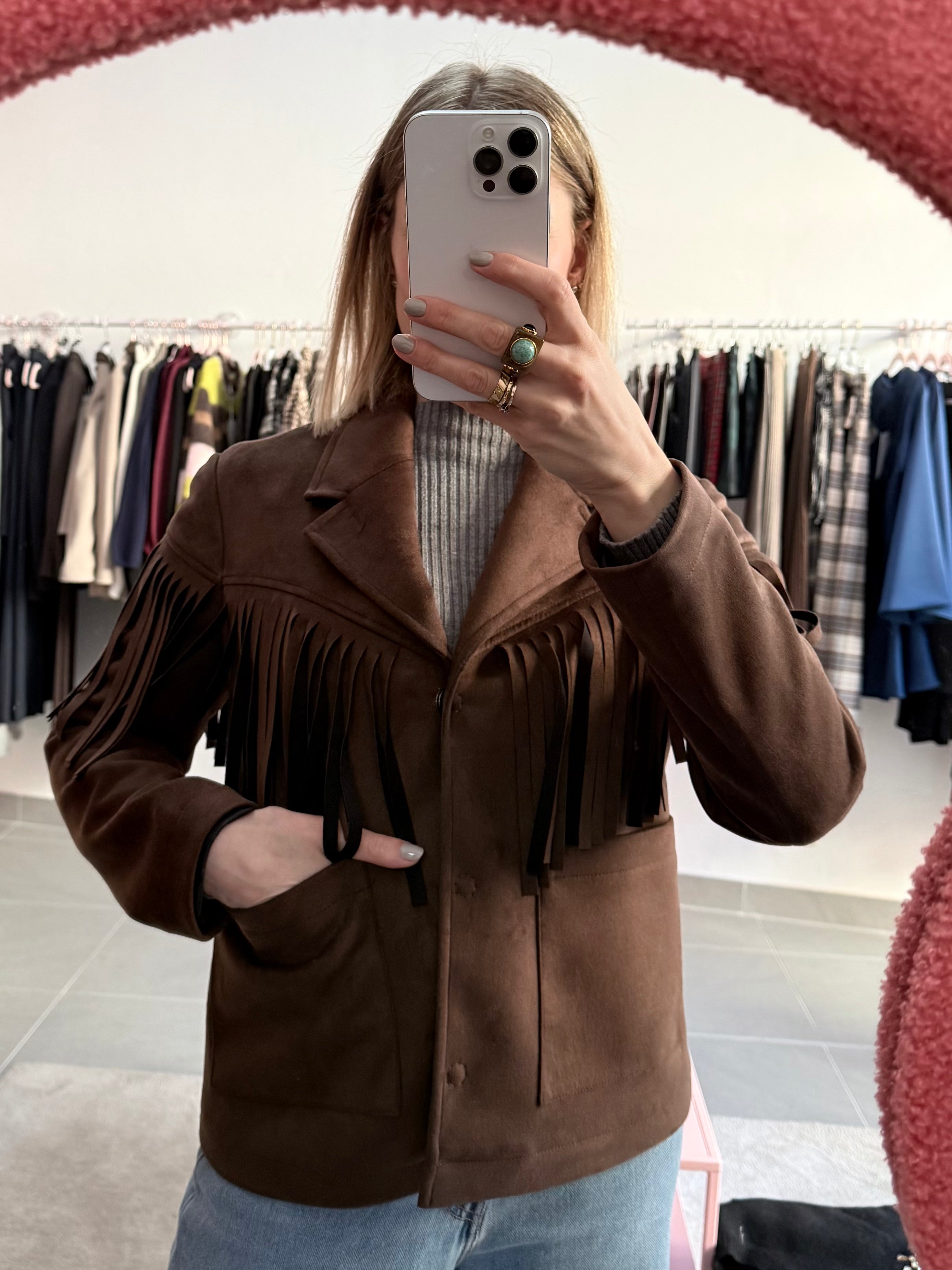 Giacca con Frange Effetto Suede Moro