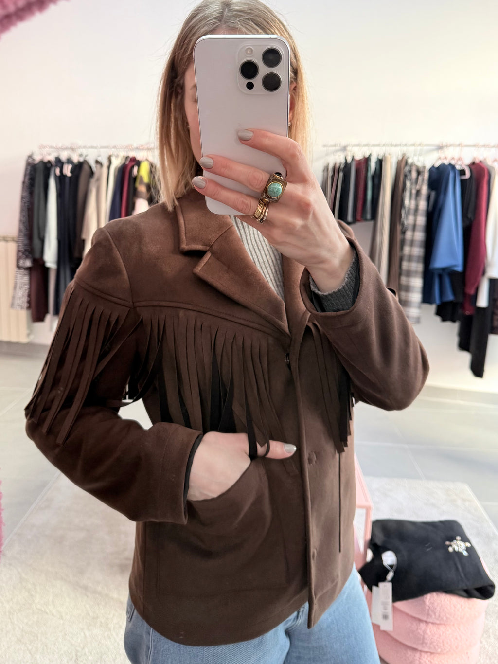 Giacca con Frange Effetto Suede Moro